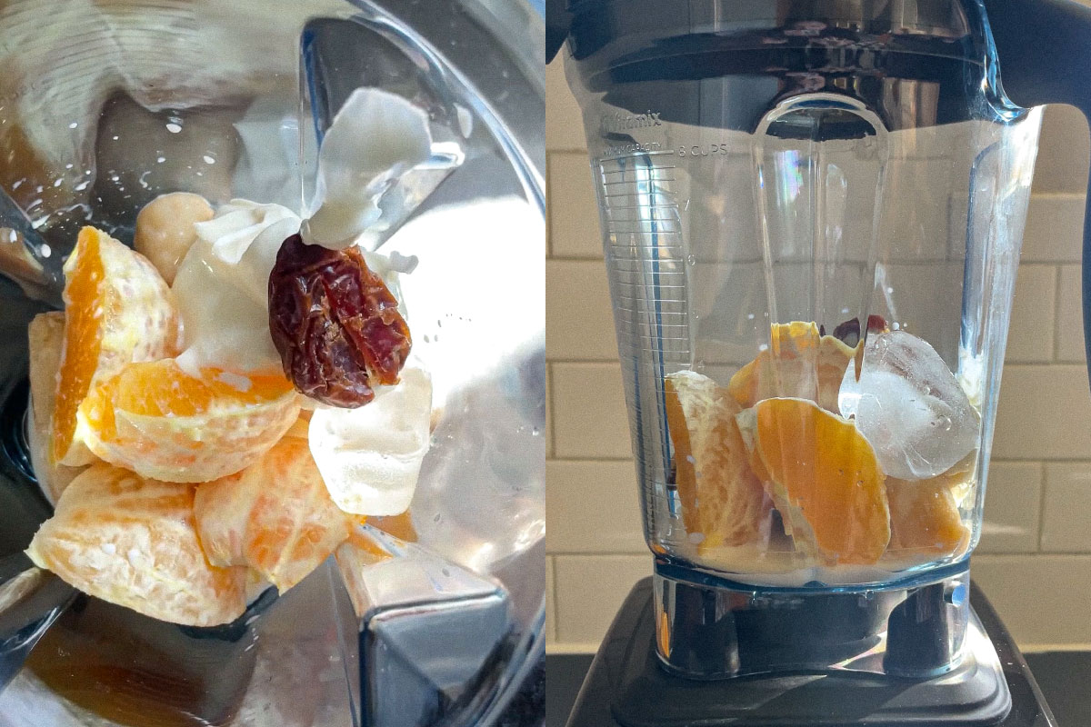 Orange dream smoothie ingredients in a blender