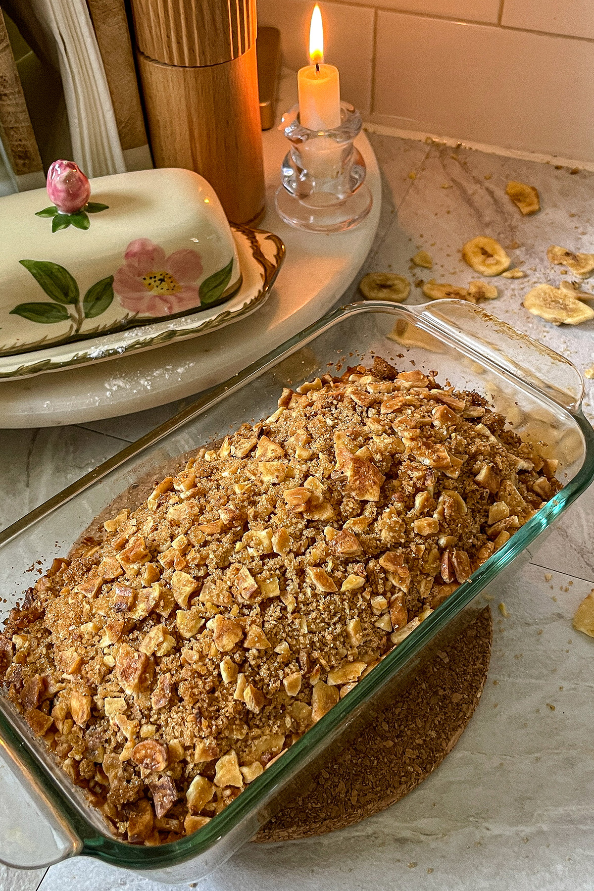 Fresh homemade Brown Sugar-Crusted Banana Bread in a pan