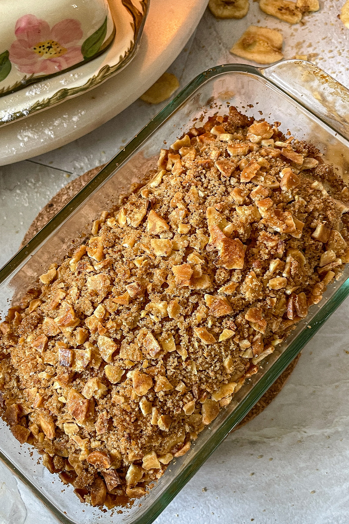 Fresh homemade Brown Sugar-Crusted Banana Bread in a pan