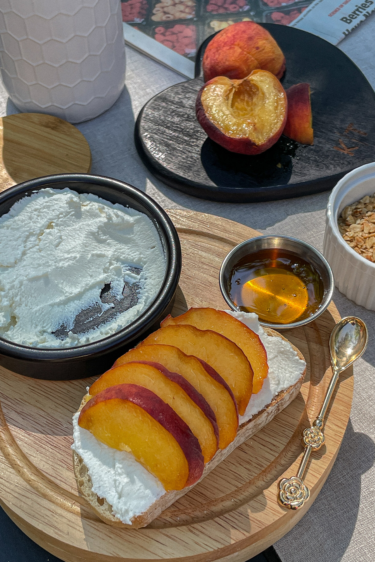 Peach Ricotta Toast ingredients on a table