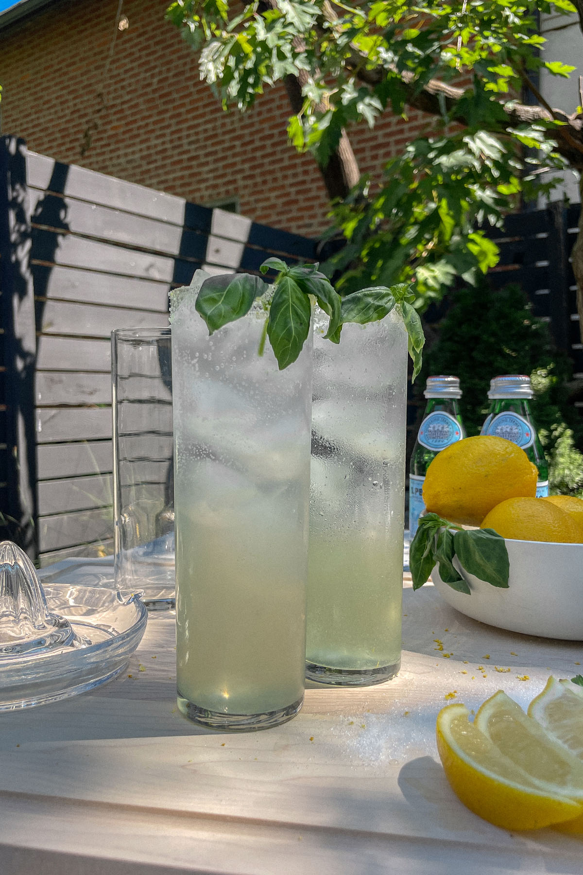 Sparkling Basil Lemonade Cocktails served in slim glasses with fresh basil garnish