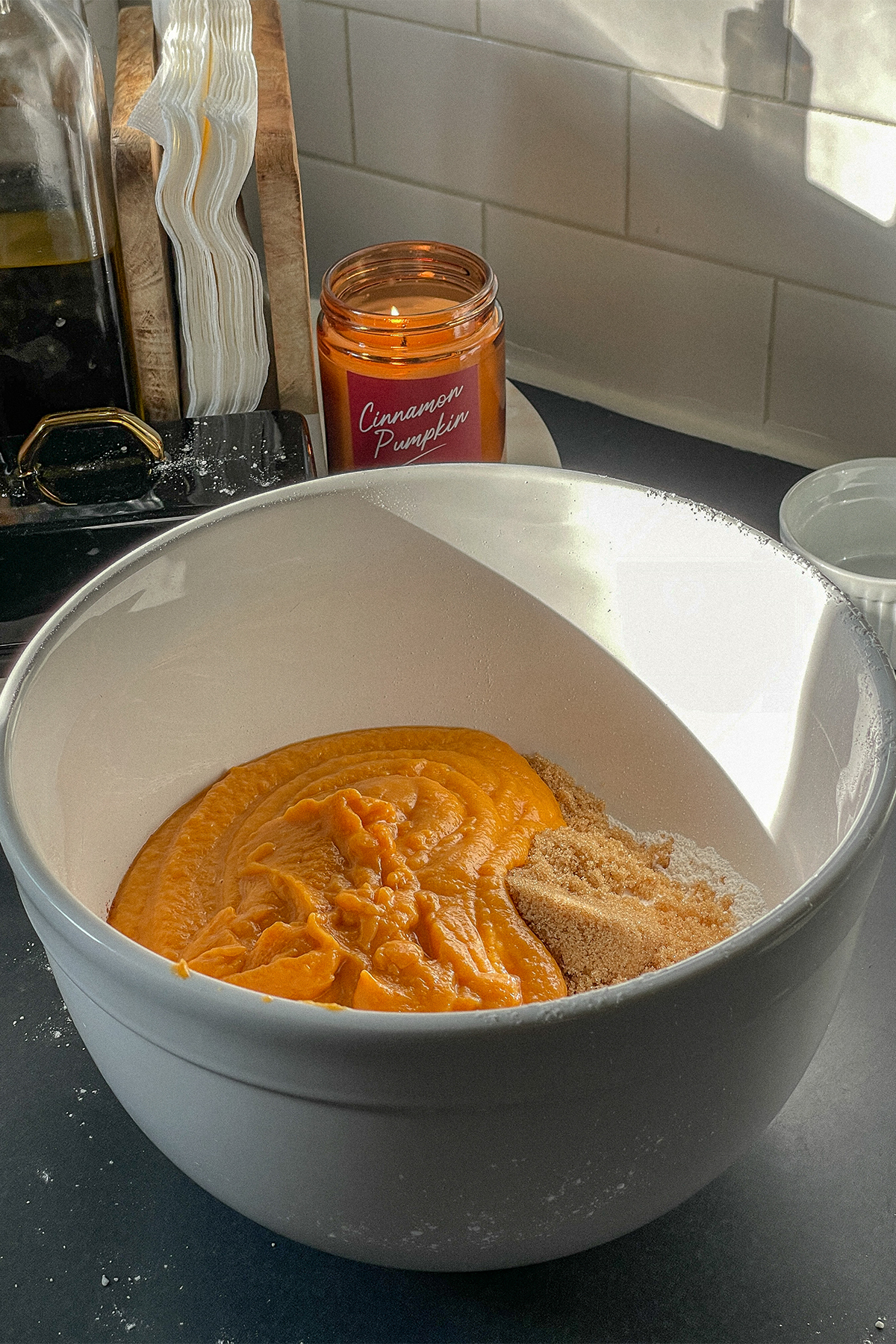 Pumpkin Spice Bourbon Bread ingredients in a large mixing bowl