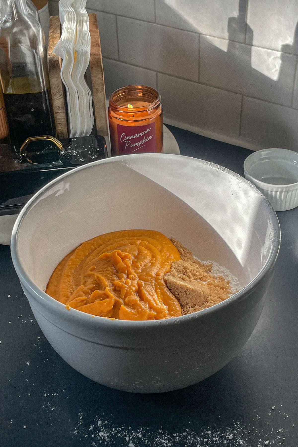 Pumpkin Spice Bourbon Bread ingredients in a large mixing bowl