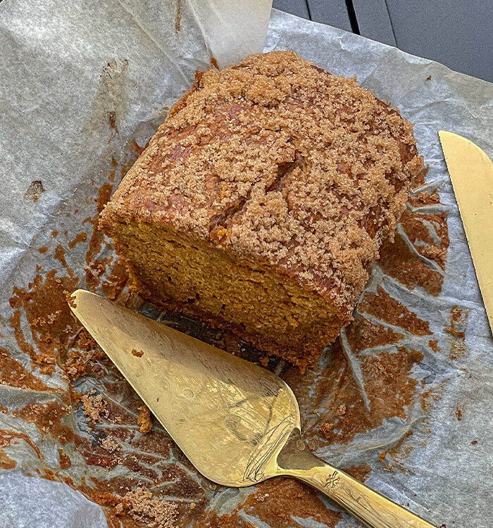 Pumpkin Spice Bourbon Bread served on parchment paper