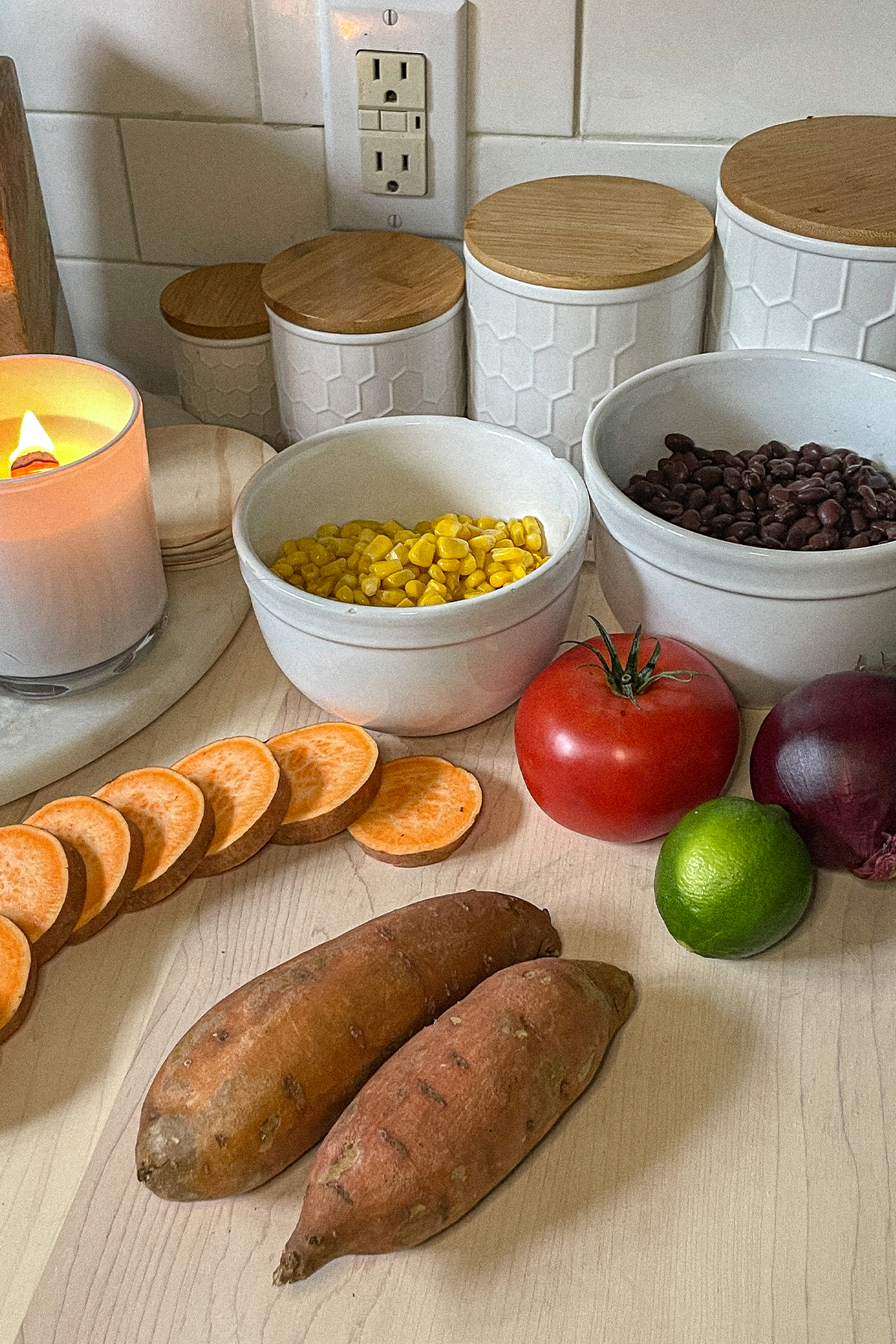 Southwest Sweet Potato Chili ingredients on a cutting board