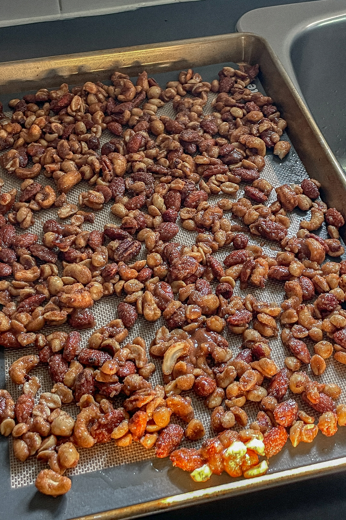 Homemade Candied Nuts on a baking sheet