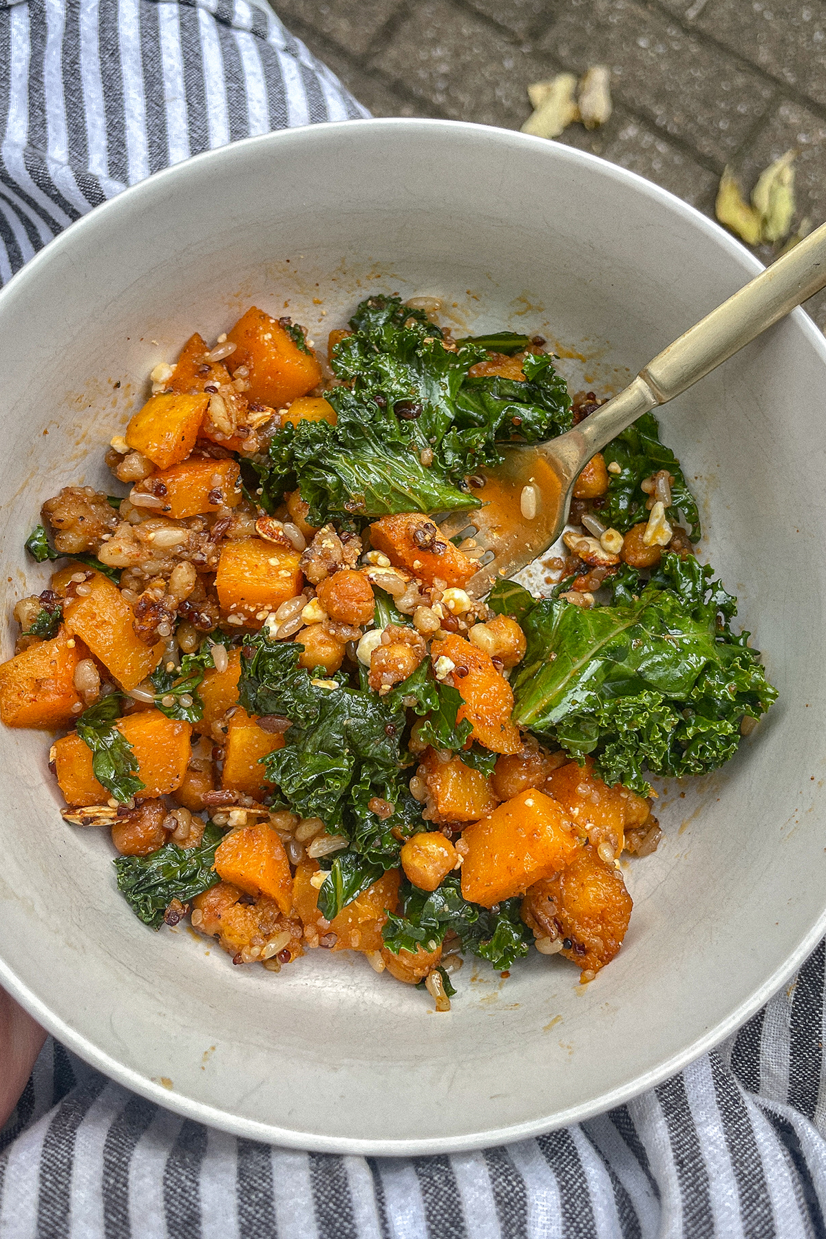 Roasted Butternut Squash Quinoa Salad in a ceramic bowl