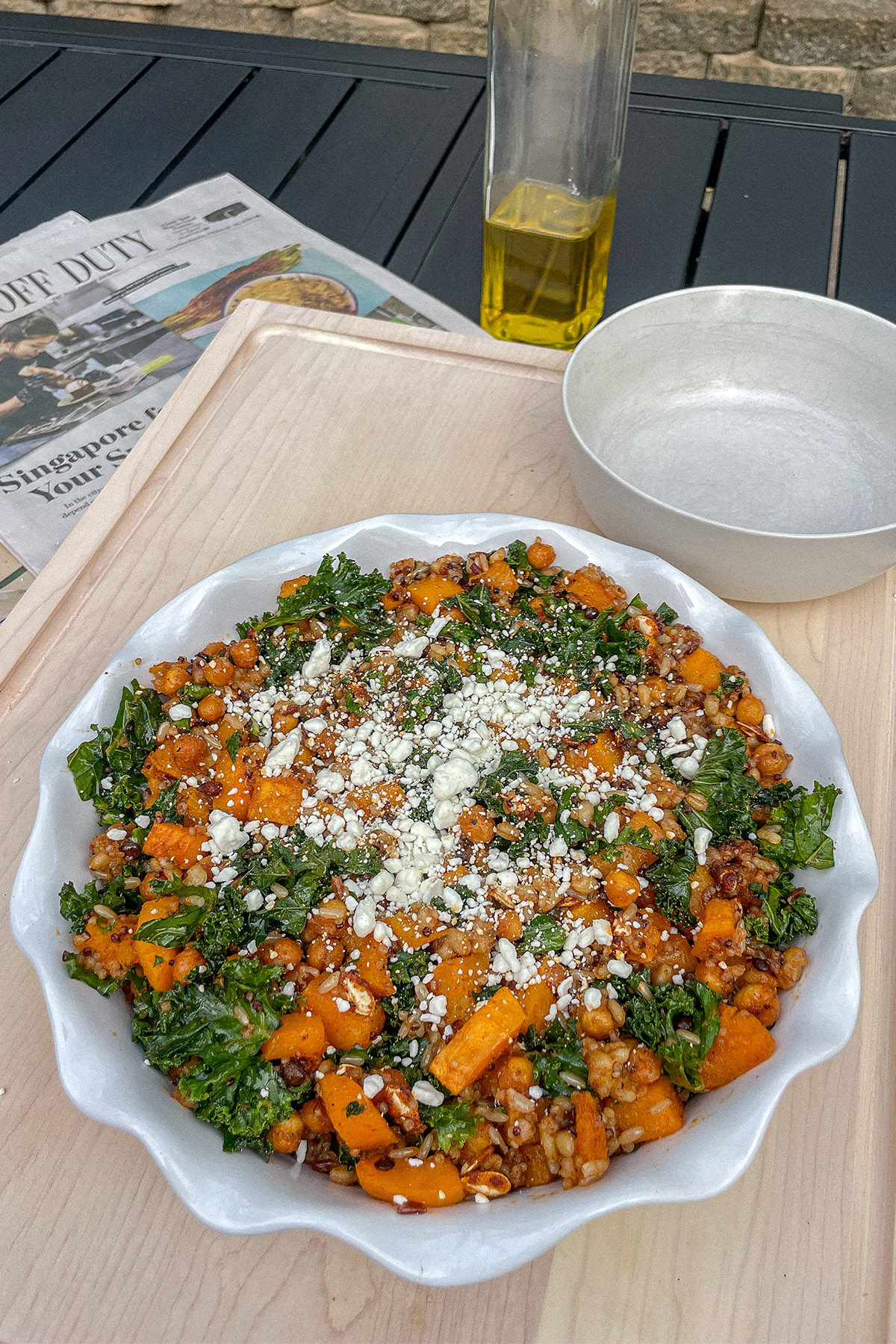 Roasted Butternut Squash Quinoa Salad in a ruffle pie dish