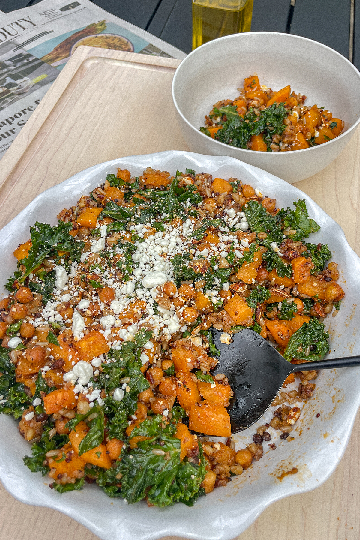 Roasted Butternut Squash Quinoa Salad in a ruffle pie dish