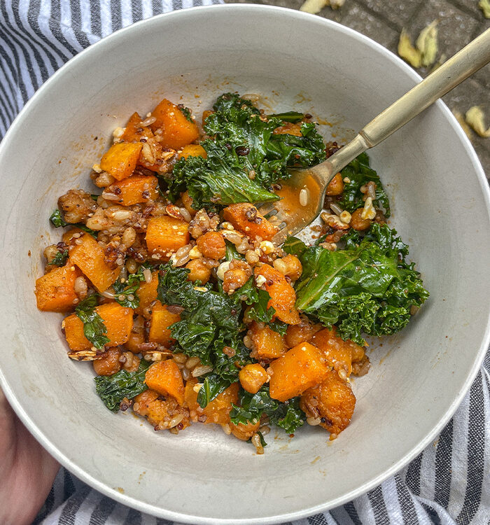 Roasted Butternut Squash Quinoa Salad in a ceramic bowl