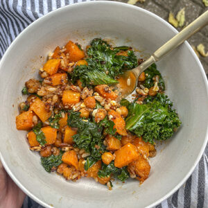 Roasted Butternut Squash Quinoa Salad in a ceramic bowl