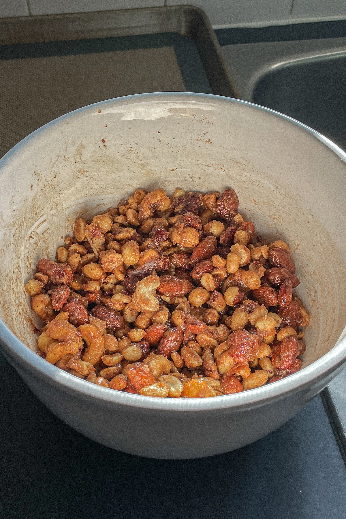 Candied nuts in a mixing bowl