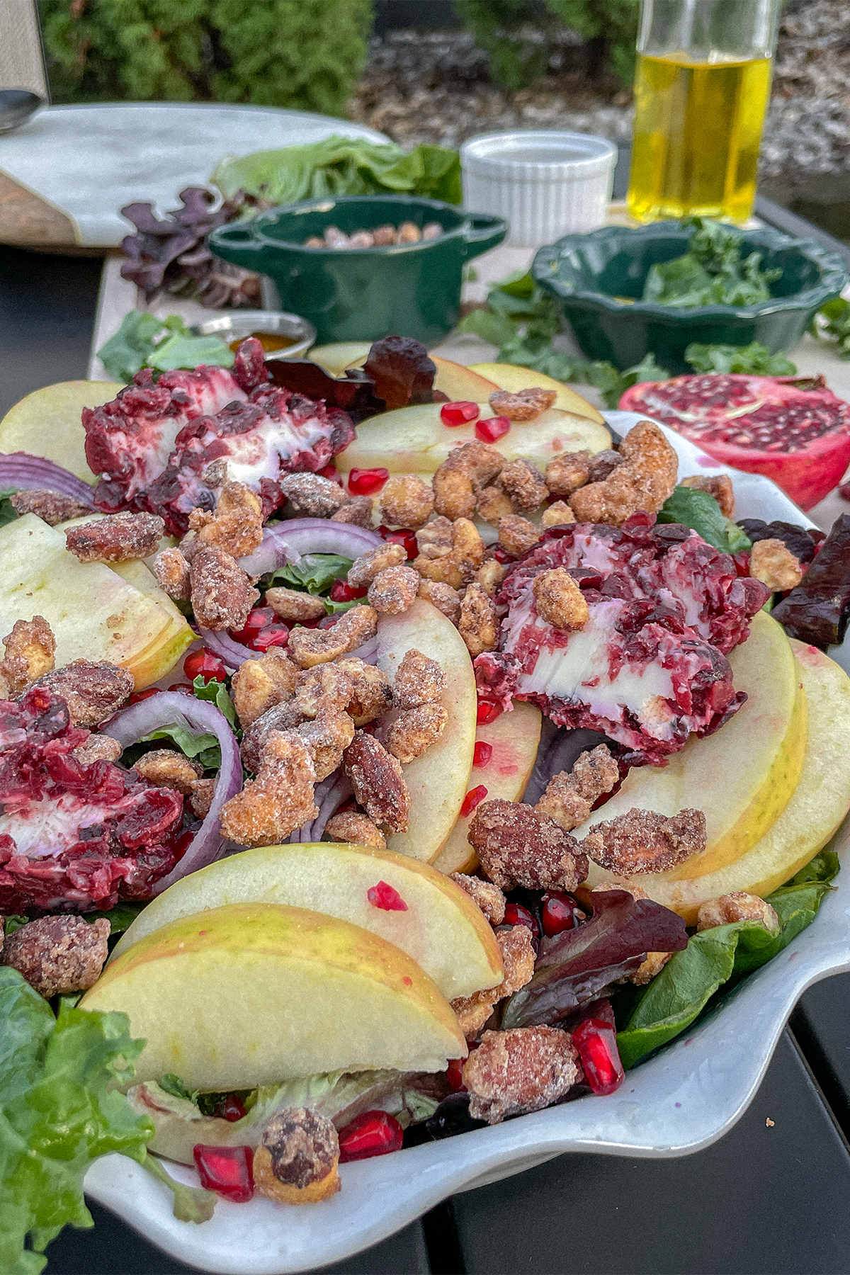 Kale Apple Salad topped with cranberry goat cheese, candied nuts and pomegranate seeds