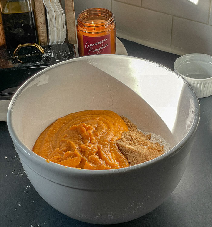 Pumpkin Spice Bourbon Bread ingredients in a bowl