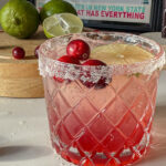 Cranberry Moscow Mule in a glass garnished with sugar, lime and fresh cranberries